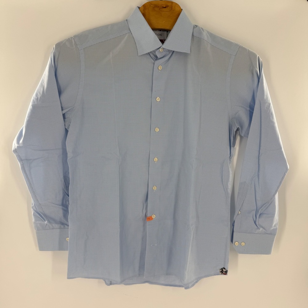 Eton Mens Slim Fit Micro Gingham Dress Shirt Light Blue White 17.5 44